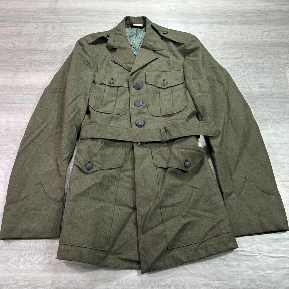 VINTAGE USMC Marines Coat Mens 36 Serge Green Wool Belt Military Uniform